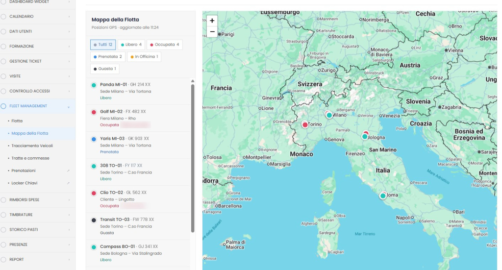 GoPlanner Flotte – mappa della flotta con veicoli colorati per stato
