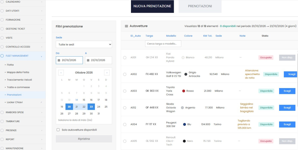 GoPlanner Flotte – nuova prenotazione auto con calendario e veicoli disponibili