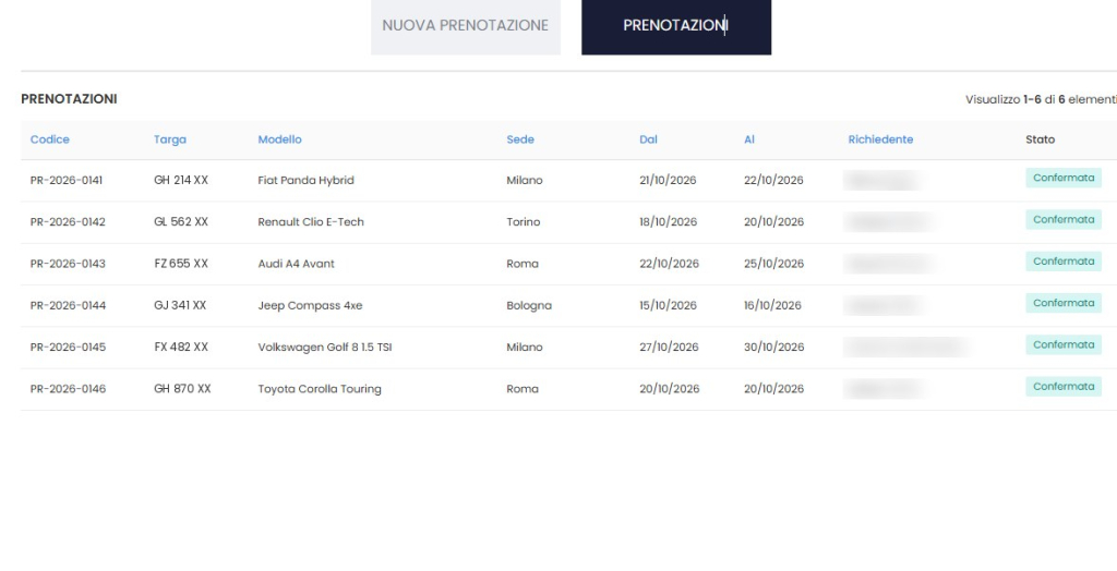 GoPlanner Flotte – elenco delle prenotazioni con codice e stato